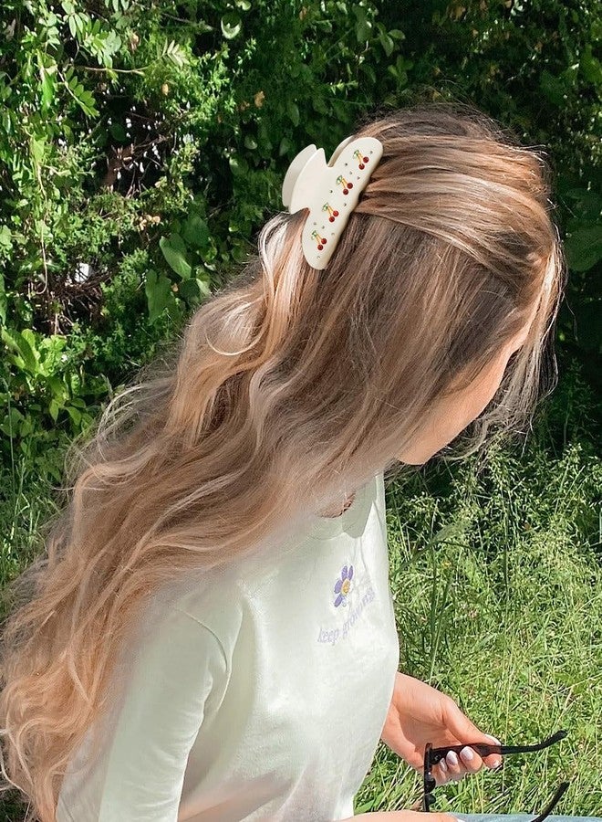 مجموعة مشابك شعر ميزوفور مكونة من قطعتين بتصميم الكرز للنساء، 3.35 بوصة، مشابك شعر لطيفة من الأكريليك غير قابلة للانزلاق بنمط أحجار الراين على شكل كرز أحمر (الكرز: أسود، بيج) - Image 4